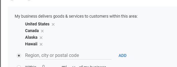 Google My Business Service area US and Canada