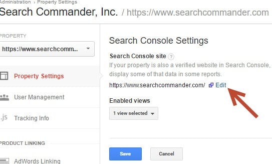 Search Console edit settings in Analytics