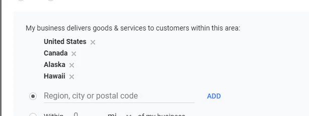 Google My Business Service area US and Canada