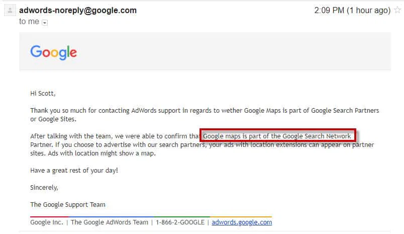 Email from Google stating that Maps is a part of Google Search Partners