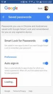 Mobile screen showing Google Passwords not loading