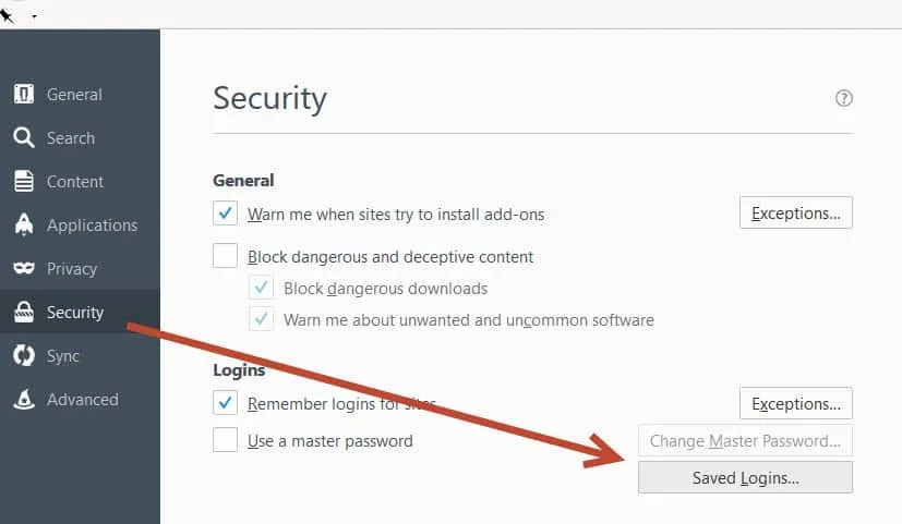 Security > Saved Logins