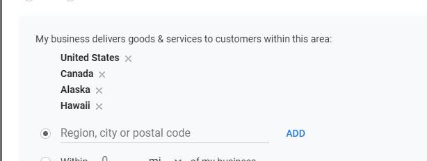 Google My Business Service area US and Canada